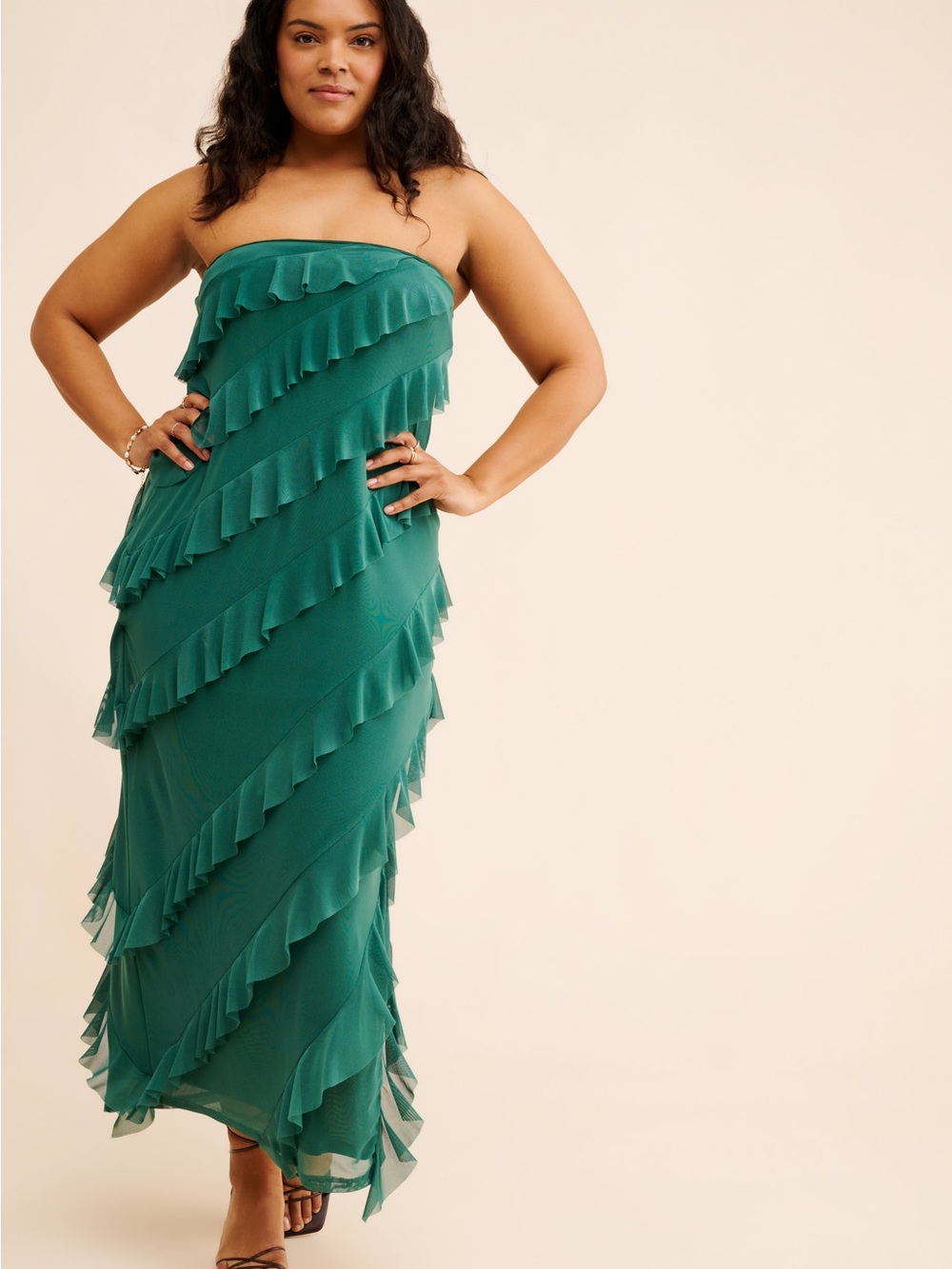 Green Ruffle Mesh Maxi Dress grom eloquii